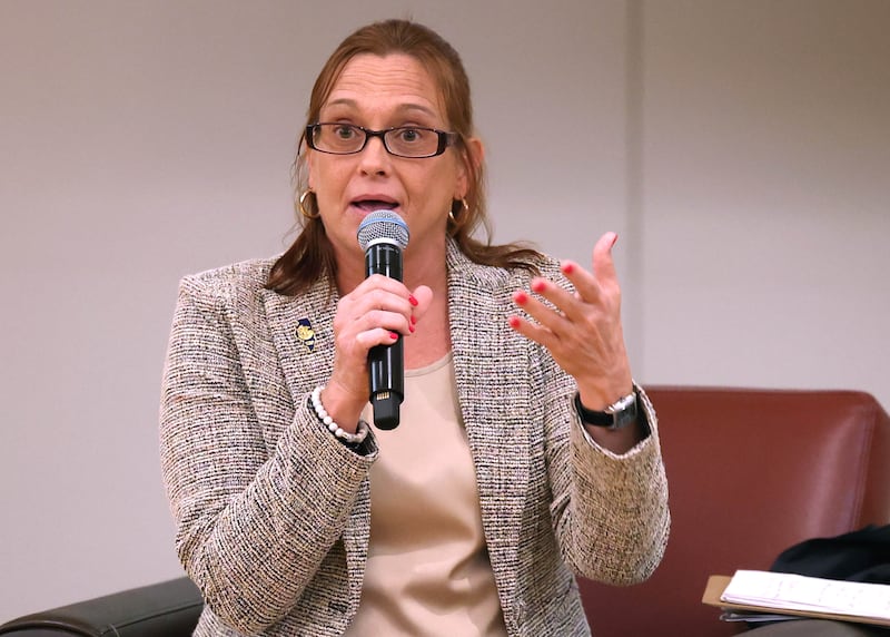 State Rep. Amy “Murri” Briel, D-Ottawa, talks Friday, July 11, 2025, about some of the obstacles they have faced in this session during her town hall at at Northern Illinois University’s Holmes Student Center in DeKalb. Briel will be hosting town halls later this year in Oglesby and Utica.