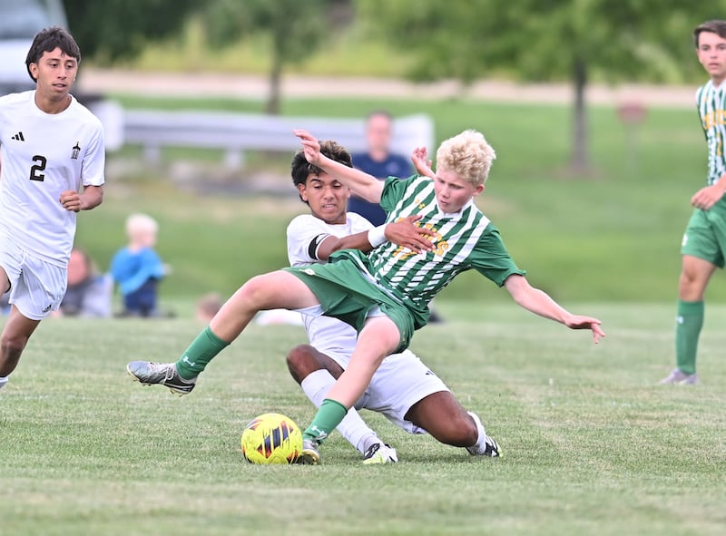 Providence Catholic's James Nagle gets taken down by Joliet Catholic's Charlie Czerkies during the non-conference game on Monday, Aug. 25, 2025, at New Lenox.