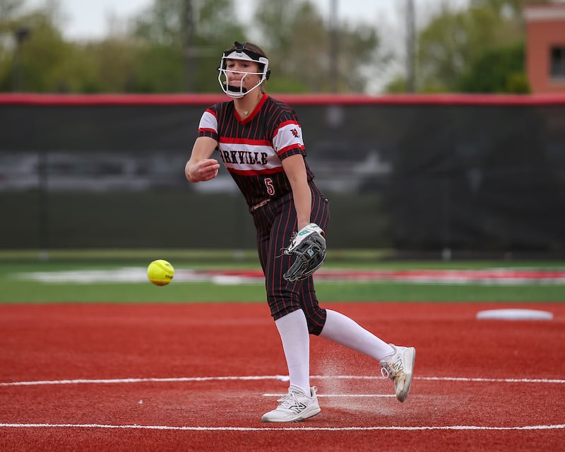 Yorkvilles Bella Rosauer (5) throws a pitch during softball game between Oswego at Yorkville. May5, 2026 in Yorkville.