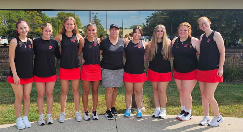 Pictured is the Sauk Valley Community College women's tennis team. Left to right are Arielle Tefiku, Sydney Schwartz, Grace Ferguson, Addison Arjes, coach Sara Kipping, Laurel Chavera, Kaitlyn Conderman, Julia Rhodes and Katie Kammerer. 

The Skyhawks took third in their regional to qualify for the NJCAA National Championships, taking place next May 2 to May 6.