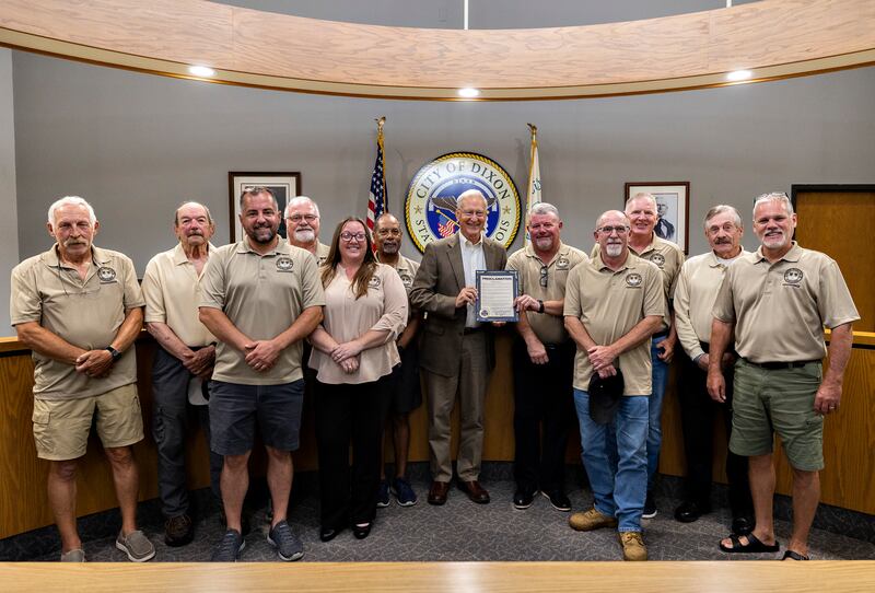 Members of the Veterans Park Commission attend the Dixon City Council meeting Monday, Aug. 18, 2025, after Mayor Glen Hughes officially proclaims Dixon as a Purple Heart City. The designation honors Purple Heart recipients who have served and sacrificed.