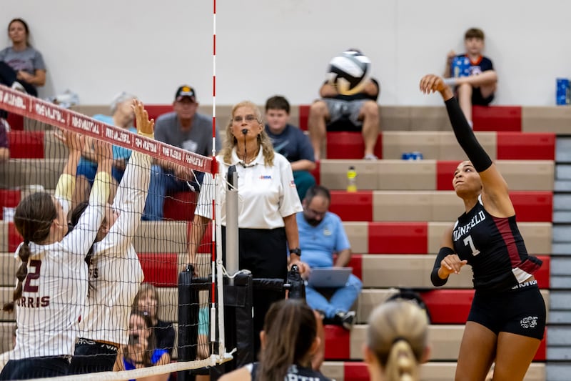 Plainfield North's Gia Burton attempt a spike during a varsity volleyball home game against Morris on Sept. 2, 2025.