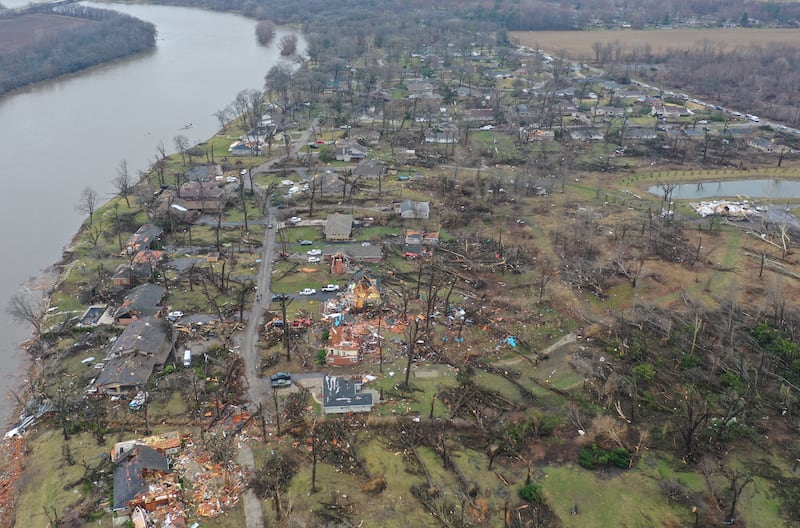 An aerial view of the storm damage along Elmwood Drive on Wednesday, March 11, 2026 in Aroma Park.