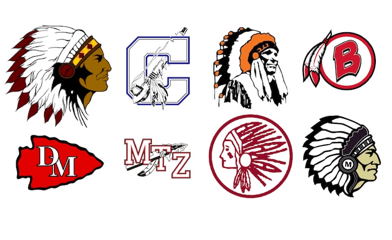 Dozens of Illinois schools have mascots that feature Native American imagery or names. A bill that would have banned them stalled in the Senate. From left to right, top to bottom: Logos for the Stockton Blackhawks, Calumet Indians, Altamont Indians, Bremen Braves, Deer Creek Chiefs, Mt. Zion Braves, Annawan Braves, Marengo Indians.