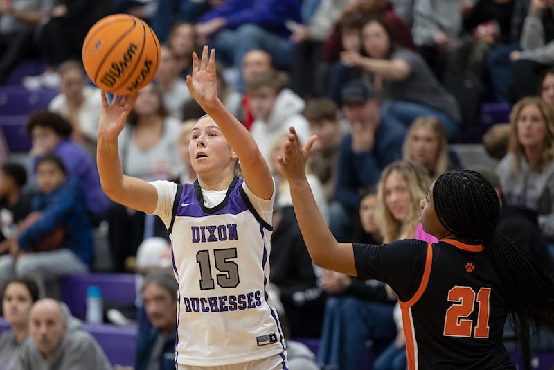 Dixon’s Morgan Hargrave puts up a shot against Byron Saturday, Dec. 27, at the Duchesses Basketball Christmas Classic.