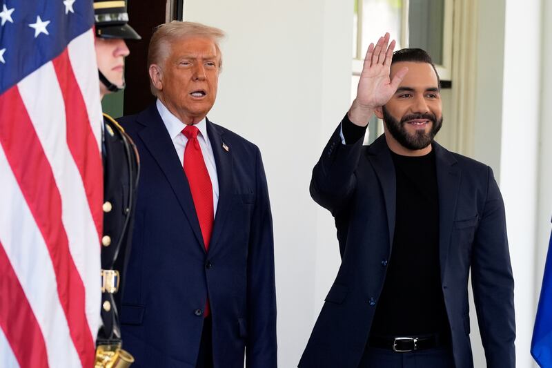 President Donald Trump greets El Salvador's President Nayib Bukele as he arrives at the West Wing of the White House, Monday, April 14, 2025, in Washington. (AP Photo/Alex Brandon)