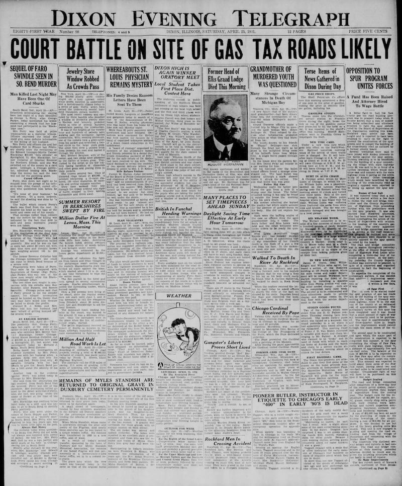 The cover of the Dixon Evening Telegraph for April 25, 1931