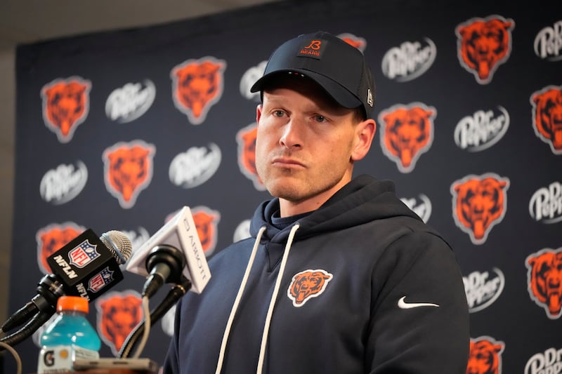 Chicago Bears head coach Ben Johnson talks after an NFL wild-card playoff football game against the Green Bay Packers Saturday, Jan. 10, 2026, in Chicago. (AP Photo/Nam Huh)