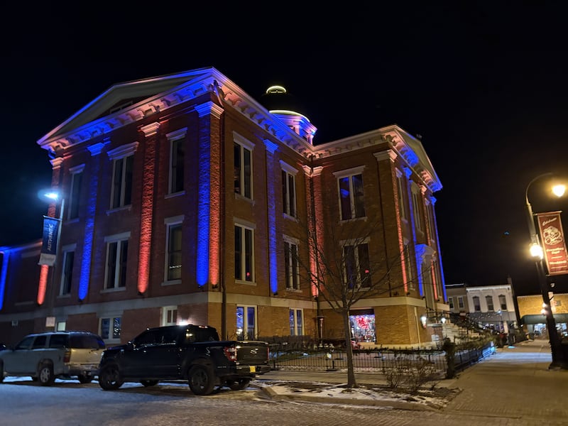 The Woodstock Old Courthouse lit up in Bears colors Jan. 15, 2026.