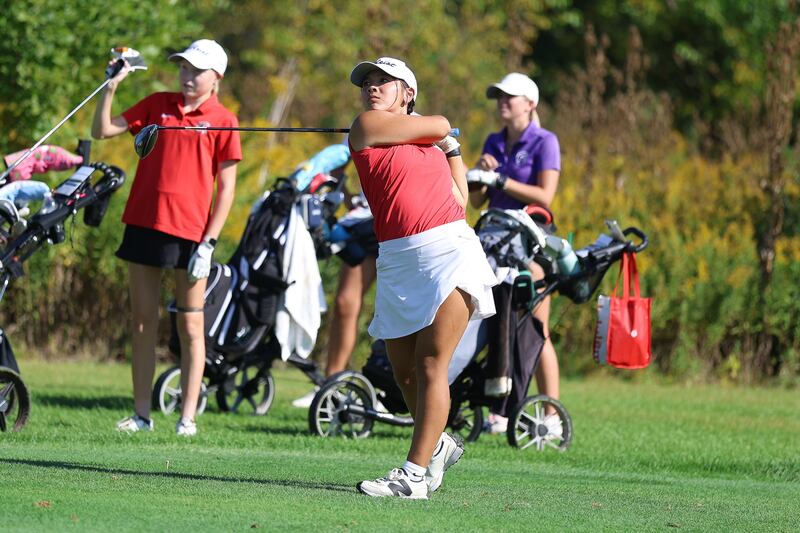LaSalle-Peru's Sophia Chiu watches her drive off the 12th hole in the 2A Rich Township Regional girls golf tournament on Tuesday, Sept. 30, 2025 in University Park.