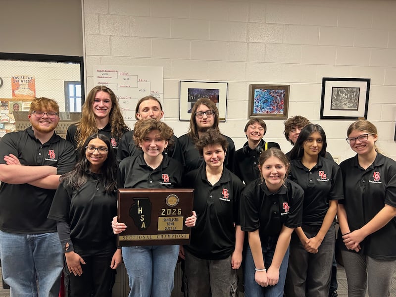 The BBCHS Scholastic team won the sectional title on March 14, 2026.
Pictured in the front row, from left, are Saloni Patel, Libby Johnson, Pine Kimery, Olivia Bray, Jiya Rana, and Emily Lyle.
In the back row, from left, are Landon Eilers, Xavier Schultz, Jude Wood, Chris Urban, Oliver Munson, and Cameron Gross. Not pictured is Jack Schelling.