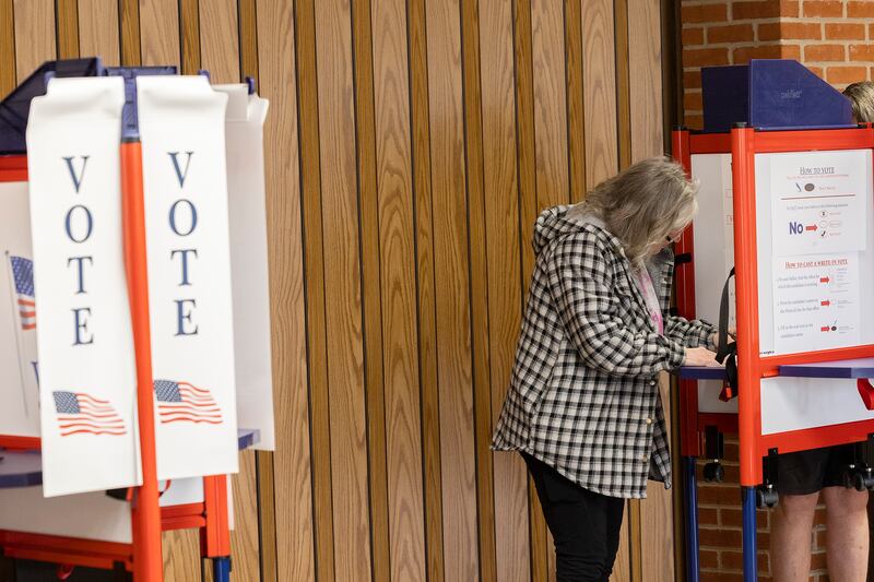 Dawn Howell casts her ballot Tuesday, April 1, 2025, at the Holloway Center in Dixon. With few contested races on the ballot, election judges saw low voter turnout.