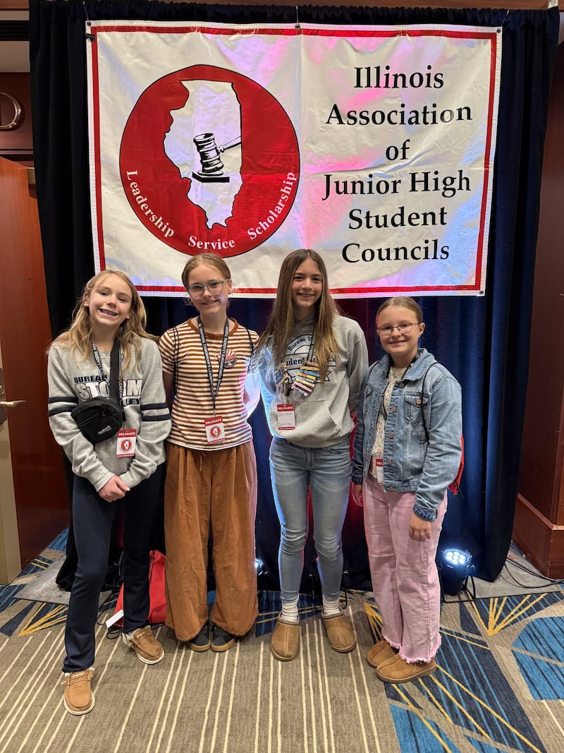The Bureau Valley Junior High Student Council took part in the 67th State Convention on April 17-18 in Springfield. Bureau Valley had two 7th grade students run for Northwest District representative. Stevie Davis of Walnut was elected as one of seven in the state. Attending the convention from BVJH were Lexie Marshall (from left), Stevie Davis, Kinley Gruber and Leah Donnelly.