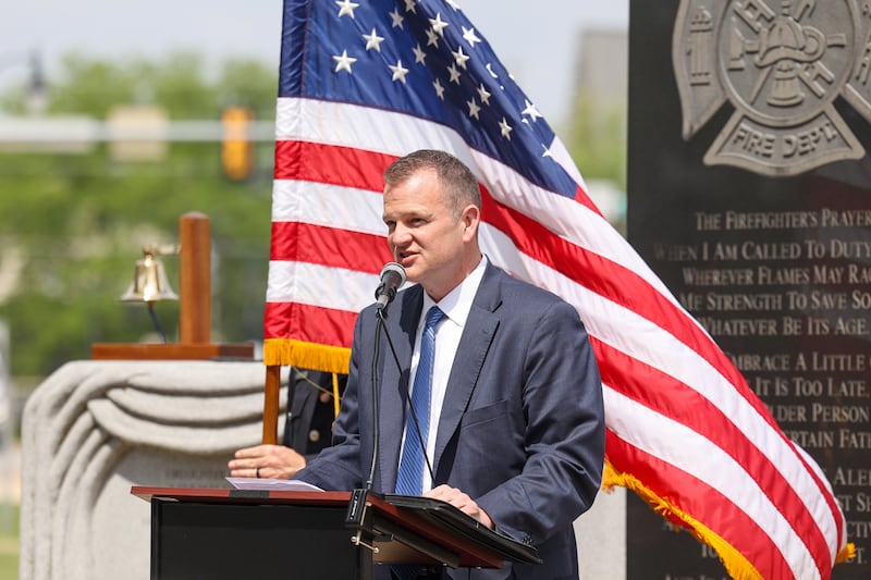 Kankakee County State's Attorney Jim Rowe speaks during the annual Law Enforcement Officers Memorial Ceremony honoring Kankakee County officers, held on the lawn of the Kankakee County Courthouse on Thursday, May 15, 2025.