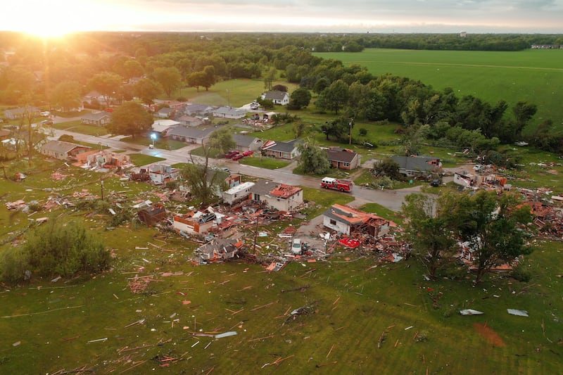 The sun sets over Sanbury Drive one of the hardest hit areas from the tornado on Thursday, June 11, 2026 in Streator.