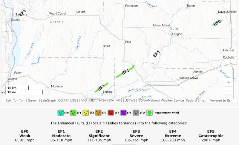 Here is a map of the locations of five April 2 tornadoes confirmed by the National Weather Service.