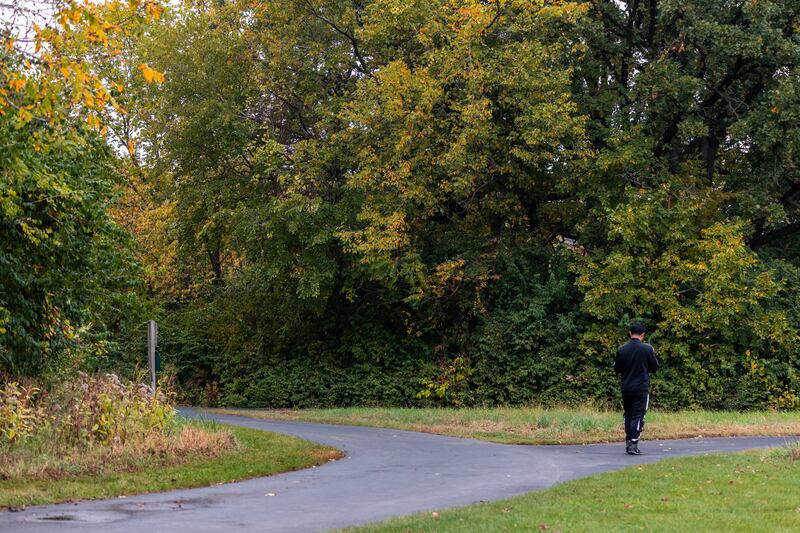 A visitor walks the path at Hammel Woods in Shorewood on Oct. 15, 2025.