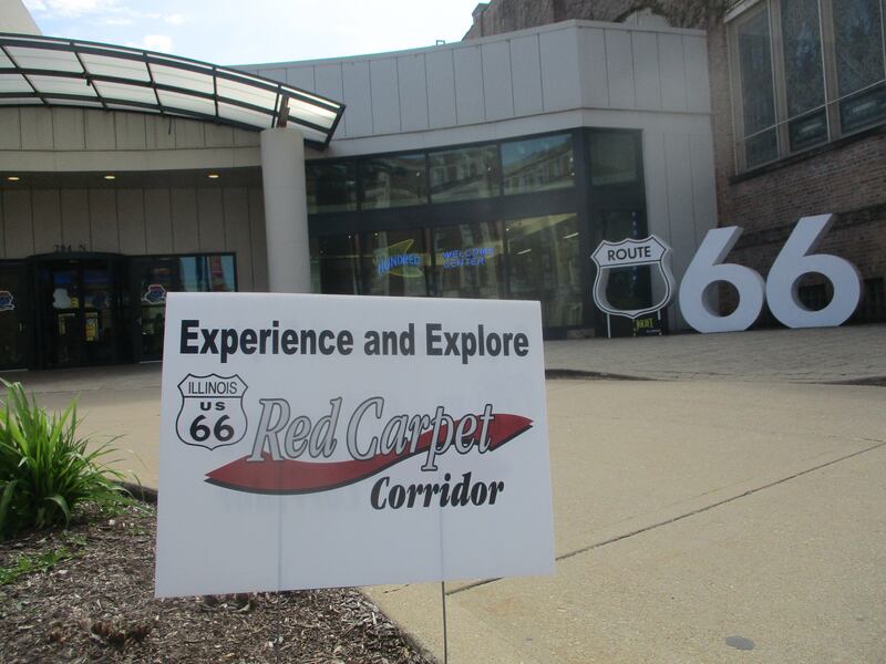 A sign directs travelers on the Red Carpet Corridor tour to the Joliet Area Historical Museum on Saturday, May 3, 2025.