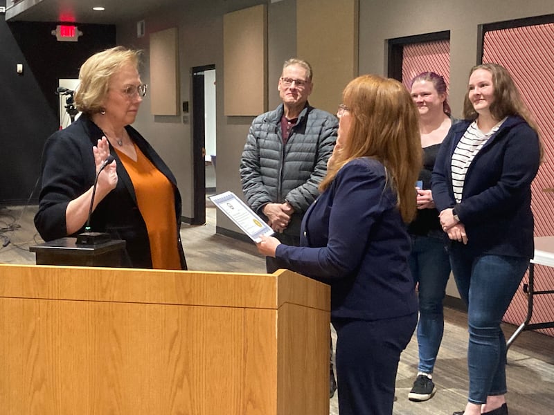 Robin Lif is sworn in as Lockport's new Ward 2 Alderwoman by Lockport City Clerk Kathy Gentile.
Wednesday, January 7, 2026.