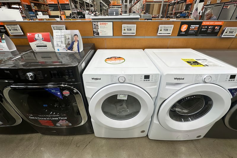 Washers and dryers are displayed at a retail store in Vernon Hills, Ill., Thursday, Aug. 7, 2025. (AP Photo/Nam Y. Huh)