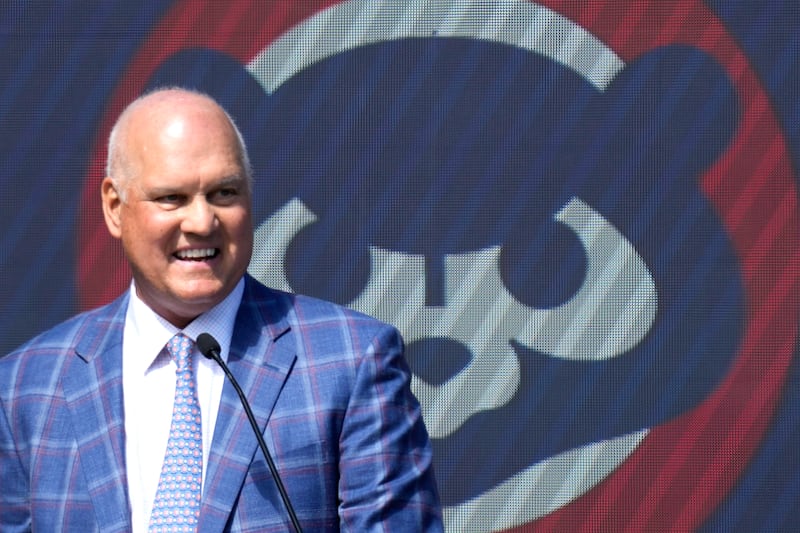 Former Chicago Cubs player Ryne Sandberg speaks before the team unveils a statue of him before a baseball game against the New York Mets in Chicago, Sunday, June 23, 2024. (AP Photo/Nam Y. Huh)