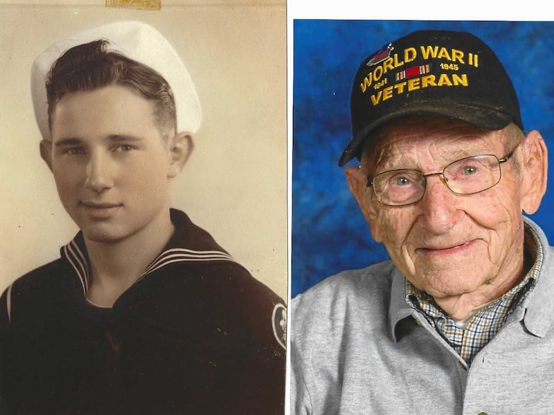 Virgil Foster of St. Anne, as he appeared in the Navy and as seen in the Honor Flight to visit the World War II Memorial.
