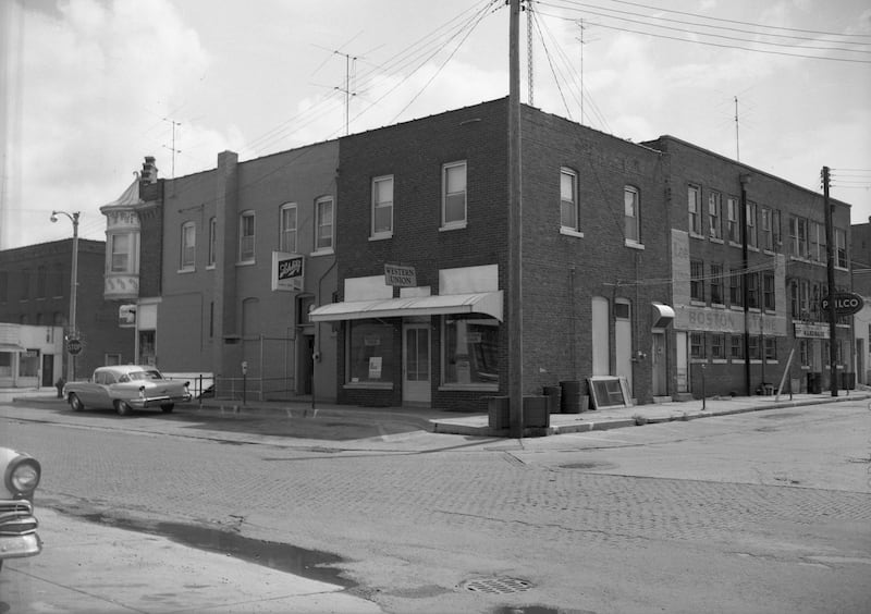 The DeKalb Western Union Telegraph Company, looking northeast on South 5th Street between Girard Street and Lincoln Highway in DeKalb in 1961.