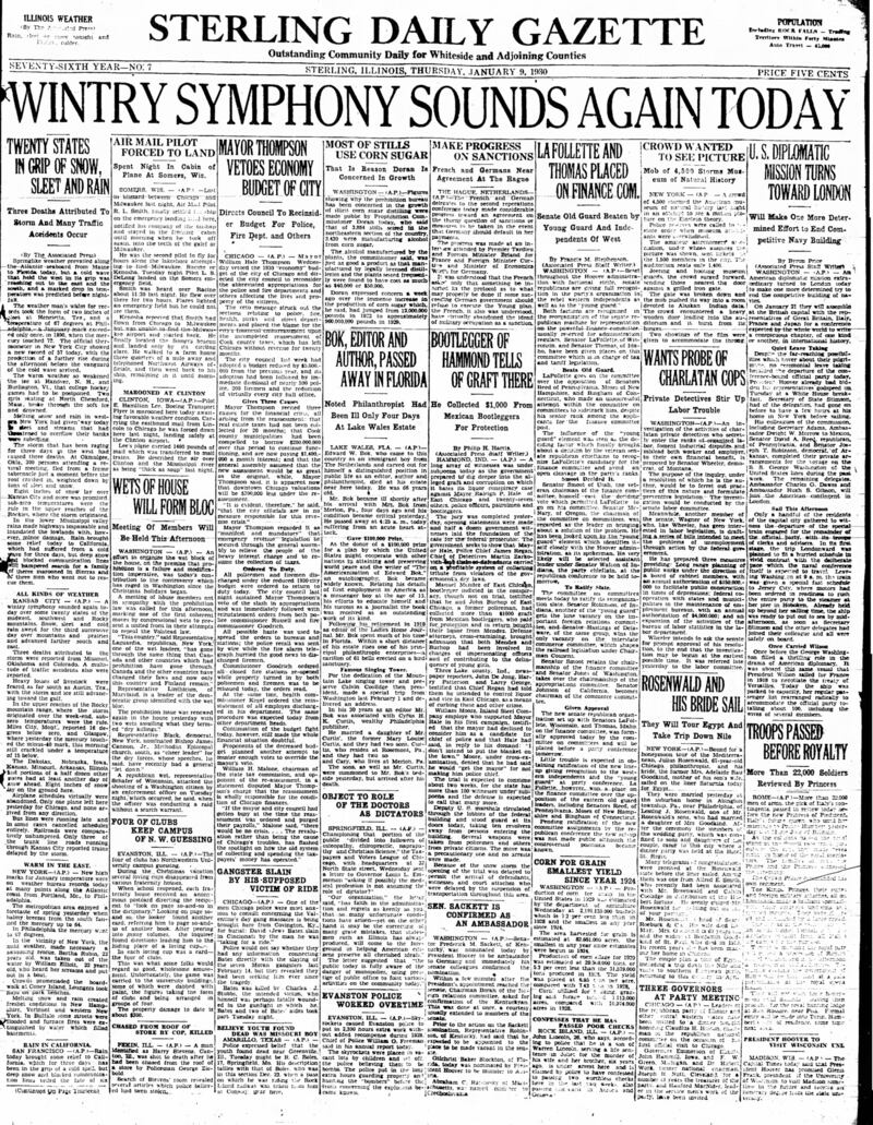 The cover of the Sterling Daily Gazette for January 9, 1930