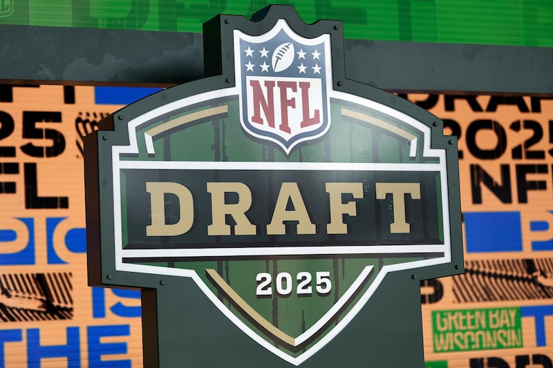Draft logo on stage ahead of the NFL football draft Wednesday, April 23, 2025, in Green Bay, Wis. (AP Photo/Adam Hunger)