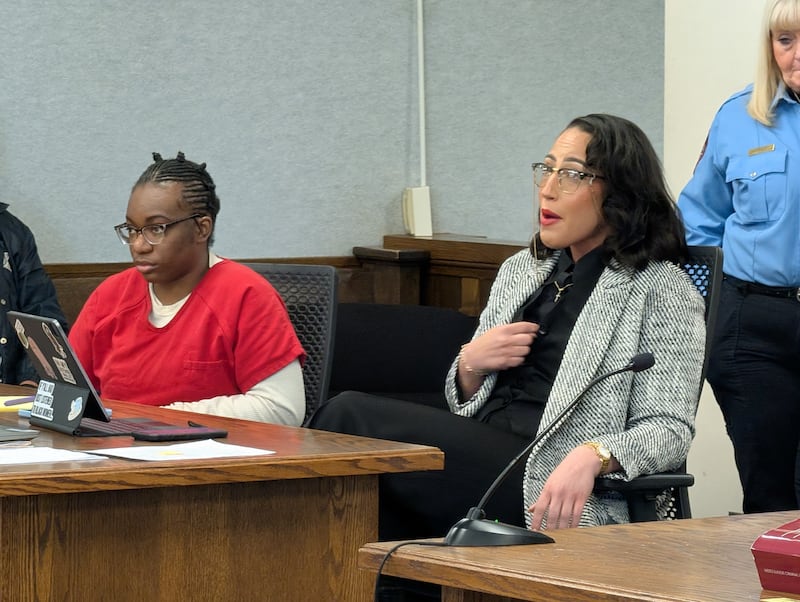 Attorney Cierra Norris (right) makes a point during a hearing Jan. 23, 2026, for her client Xandria Harris (left)