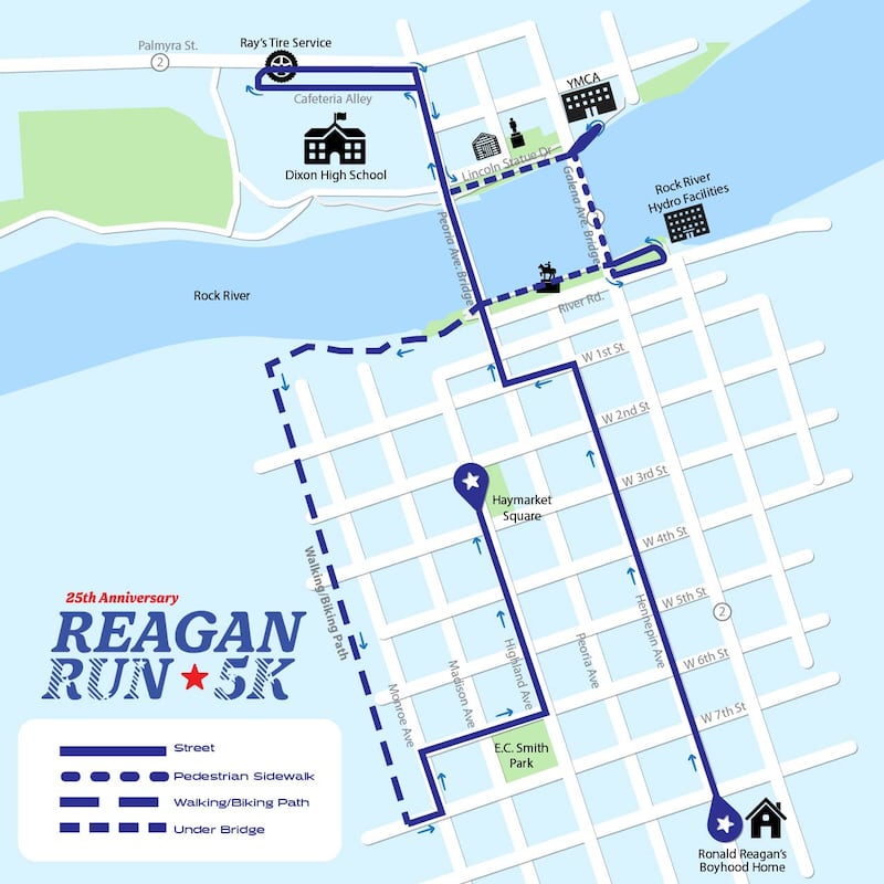 Here is the 2025 Reagan Run 5K course layout. The race starts at 8 a.m. July 5
in front of the Ronald Reagan Boyhood Home, 810 S. Hennepin Ave.