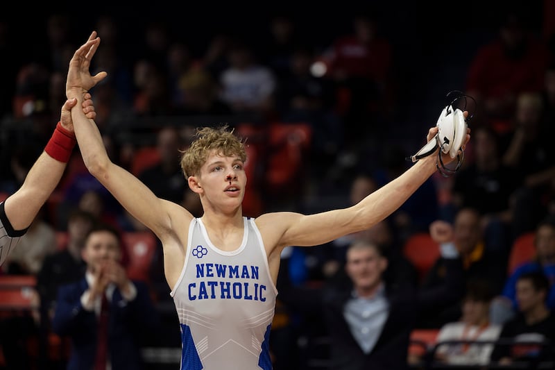 Newman’s Landon Near wins the state 1A 113 pound title Saturday, Feb. 21, 2026, at the IHSA wrestling finals in Champaign.