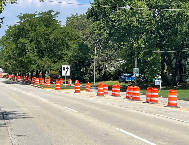 Construction barrels set up on State Street in Lockport preparation for work on the Fiddyment Creek Bridge on Thursday, Aug. 14, 2025.