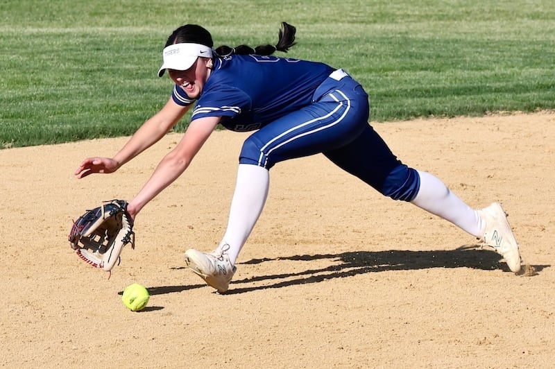 Princeton short stop Keely Lawson lays out for a ground. ball in Friday''s regional semifinals at Prather Field. The Tigresses beat Sandwich 9-6.