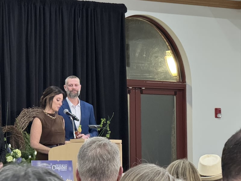 Tara and Nate Kruger accept the Grundy County Chamber of Commerce's Entrepreneurs of the Year award for their work running Babe's Tap in Coal City on Wednesday, March 5, 2026.
