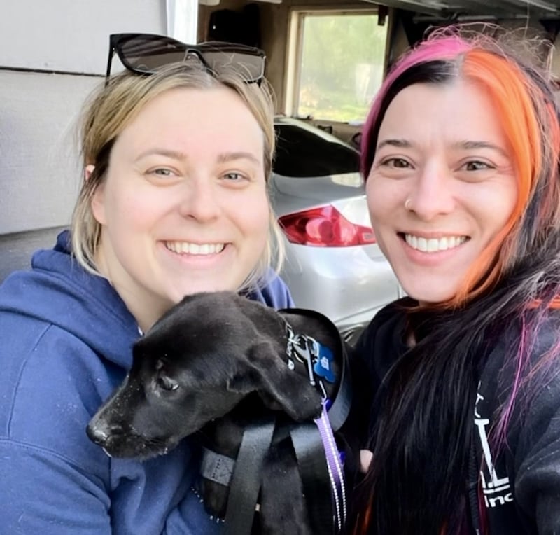 Tiny N Tall Rescue, Inc. medical director Shelby Golonka and founder Niccalina Santilli pose with one of 49 pets transferred to Illinois foster homes from overcrowded Harlan County Animal Shelter in Kentucky since May 2025.