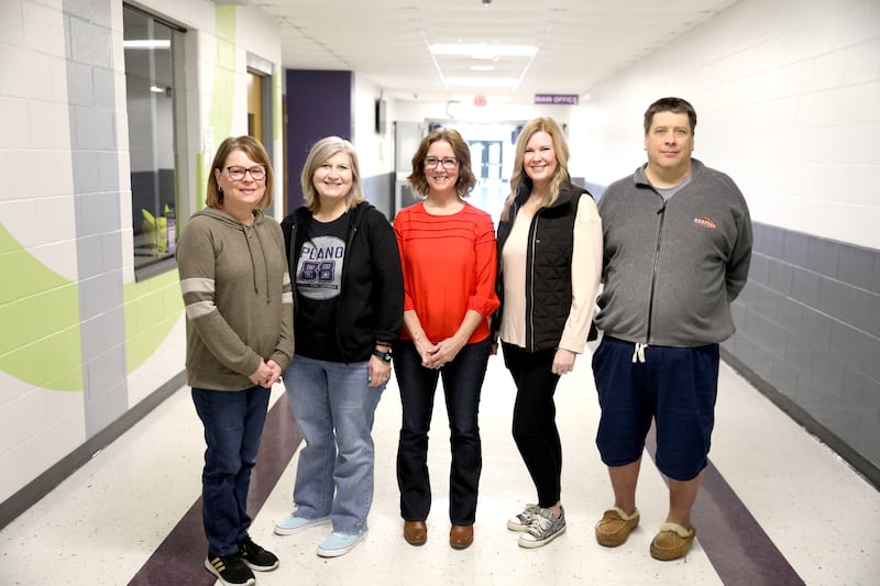 (Left to right) Susan Love, Laura Smith, Tammi Campbell, Shelley Schmidt and John Chernick are all retiring from Plano Community Unit School District 88 this spring.