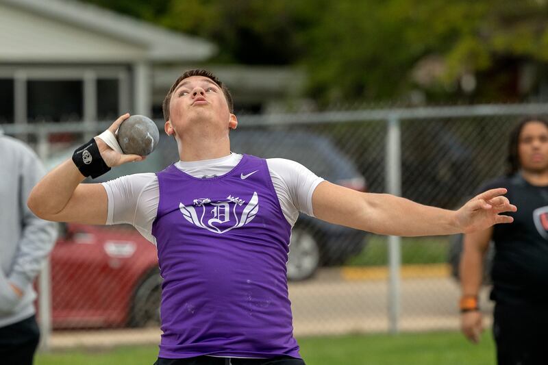 Dixon’s Owen LeSage fires the shot Friday, May 2, 2025, at the Sterling Night Relays.