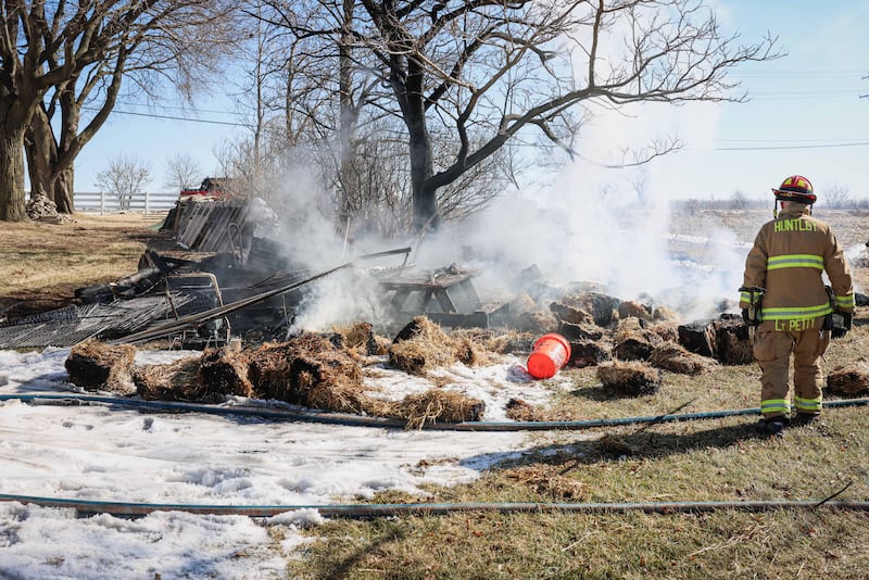 The Huntley Fire Protection District extinguishes a brush fire on Feb. 11, 2026, at the 8400 block of North Route 47.