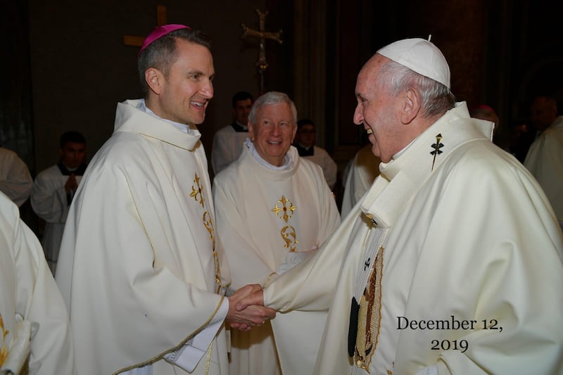 Bishop Ronald Hicks (left) meets with Pope Francis at the Vatican in December 2019. Hicks was installed as the bishop for the Diocese of Joliet in September 2020.