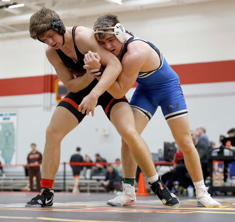 Jack Brown of Batavia wrestles Colton Zvonar of Lincoln-Way East at 190-pounds during the Clint Arlis Invitational boys wrestling invite Saturday, Jan. 17, 2026 in Batavia.