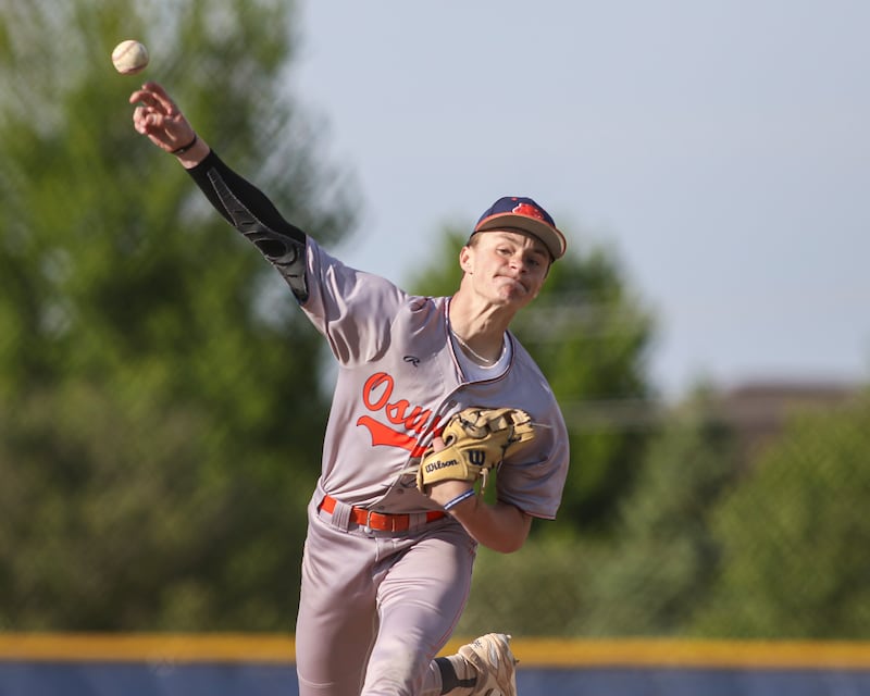 Oswego's Andrew Ronek (1) throws a pitch during baseball game between Oswego East at Oswego. Monday, May 19, 2025 in Oswego.
