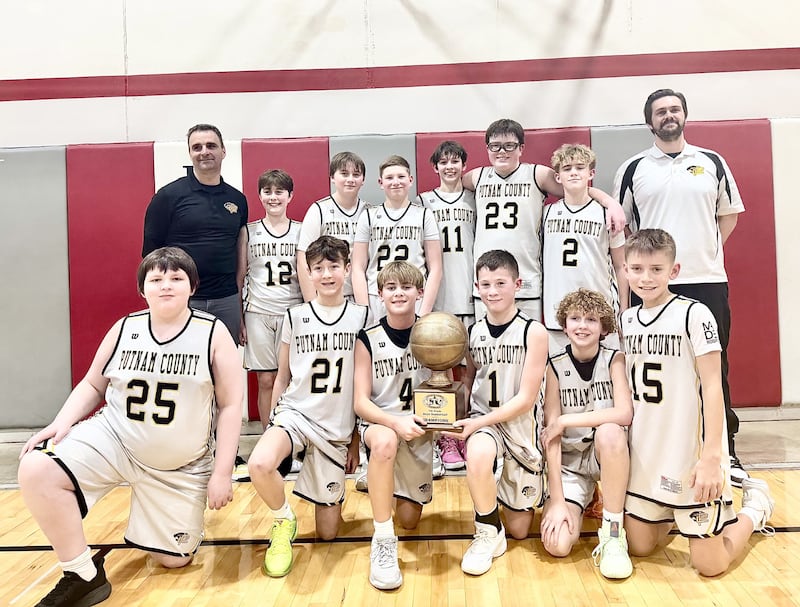 The Putnam County seventh grade boys basketball team beat El Paso 29-20 for the championship game of the Tri-County Tournament on Wednesday, Jan. 14. The Pumas beat Midland 54-37 in the first round. Team members are (front row, from left) Denny Long, Wyatt Rue, Sean King, Hans Frund, Mylo Mertel and Liam Judd; and (back row) Mike Borri, Jacob Borri, Mason King, Jace Newsome, Hudson Heiberger, Marshall Holocker, Liam Askeland and TJ Askeland.