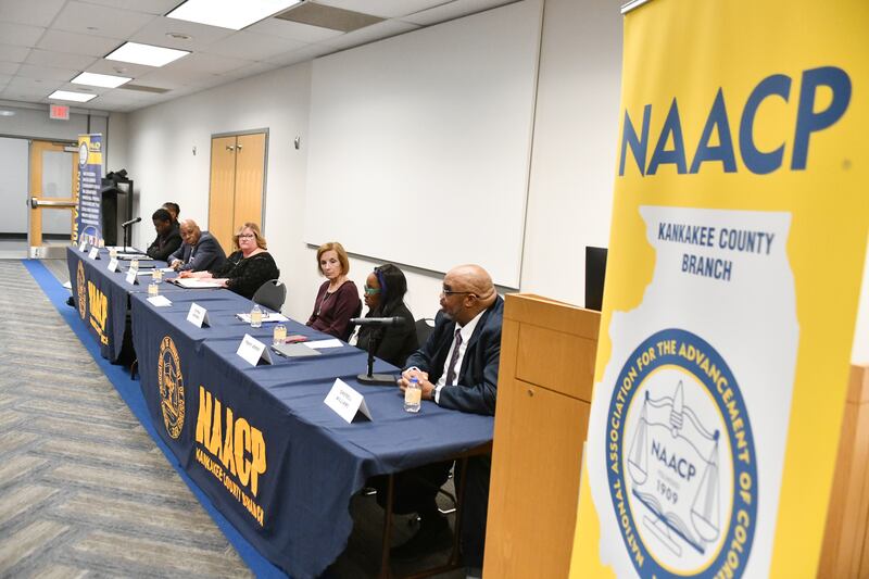 Candidates for the Kankakee School District 111 School Board participate in the Kankakee County NAACP Candidates Forum on Tuesday, March 4, 2025, at Kankakee Community College.