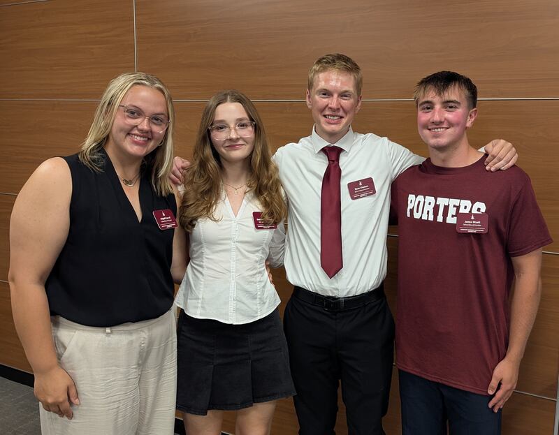 Newly appointed District 205 student board members Abigail Carroll, Evelyn Siedlarczyk, Ryan Gleason and James Wyatt at the Board of Education meeting on Monday, August 18, 2025.