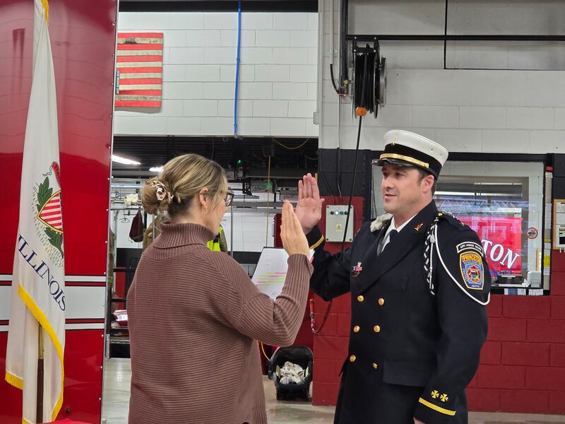 Princeton Fire Lt. Nick Dykstra is sworn in by City Manager Theresa Wittenauer on Monday, March 3, 2025.