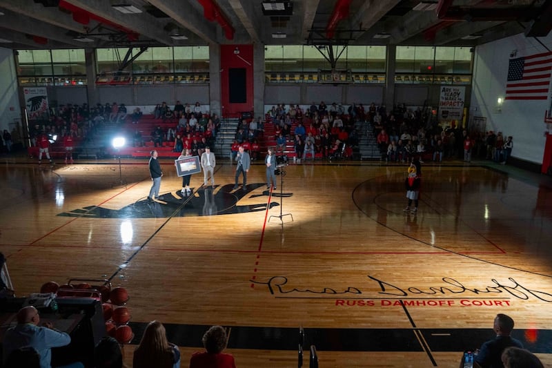 Sauk Valley Community College (SVCC) honored Russ Damhoff, former athletic director and head men’s basketball coach, on Saturday, Nov. 1, for his thirty-plus years of service to Skyhawk athletics.