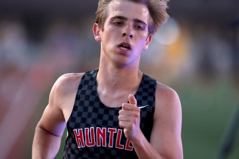 Huntley’s Tommy Nitz wins the 3200-meter run in Fox Valley Conference boys track and field meet action at Huntley High School in Huntley on Thursday, May 15, 2025.