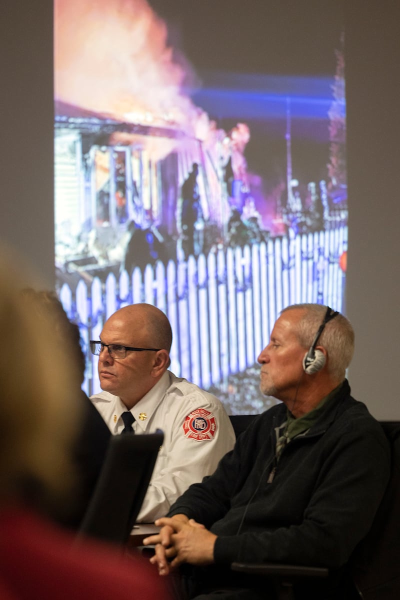 Defendants Rock Falls Fire Chief Ken Wolf (left) and retired Chief Cris Bouwens look on during closing statements Friday, Nov. 14, 2025, in the Ramos wrongful death trial.