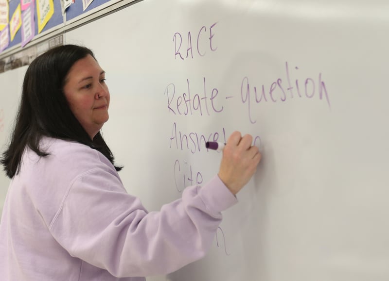 Ms. Samantha Munks teaches to students on Wednesday, April 23, 2025 at the Students Obtaining Achievement and Responsibility (SOAR) School in Peru.